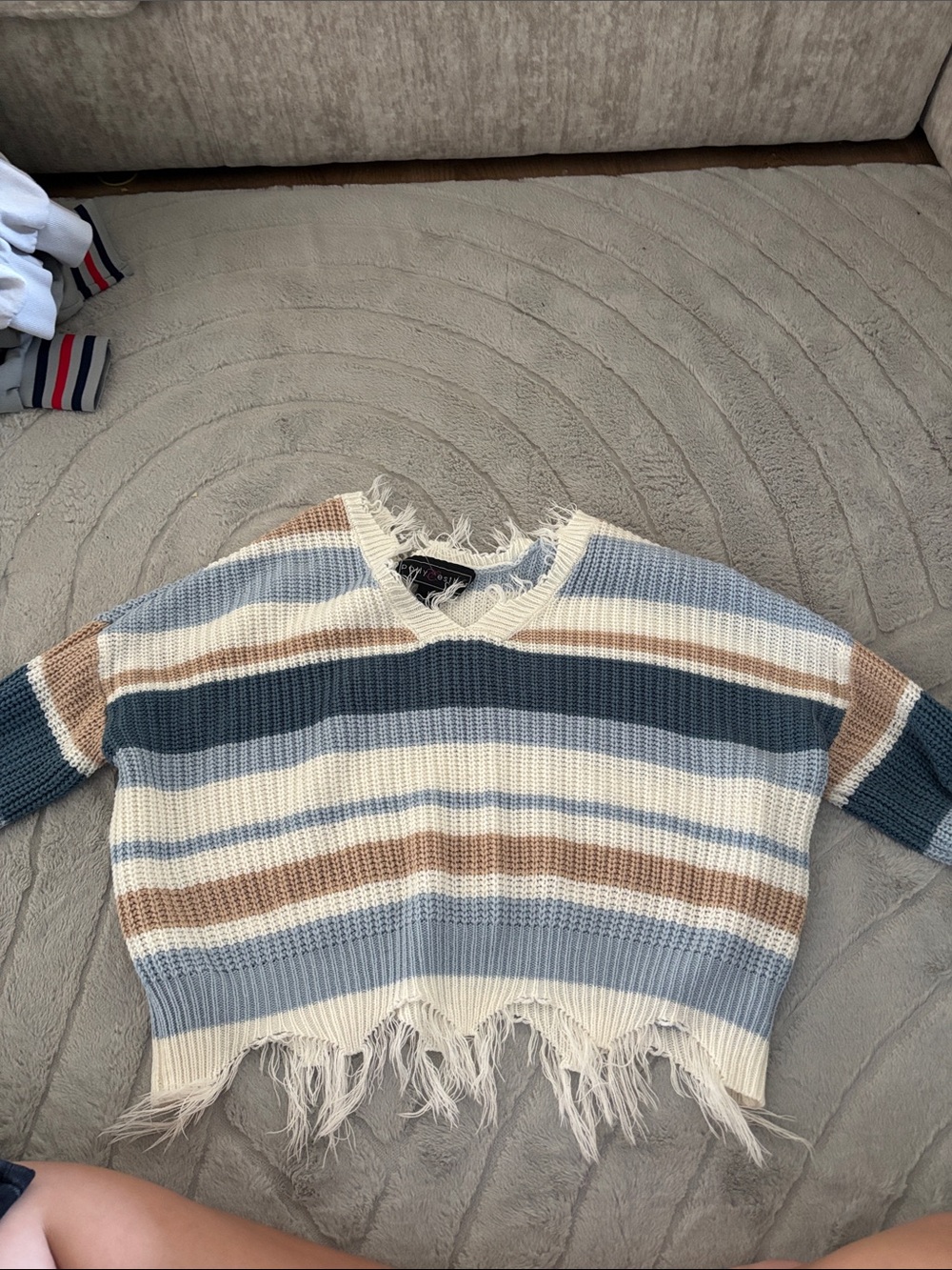 Polly & Esther Striped Off-the-Shoulder Sweater in Cream, Blue & Brown